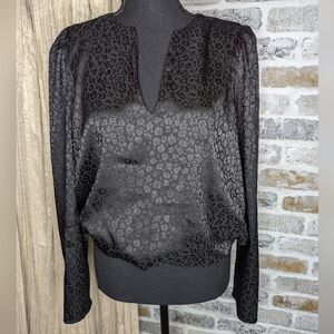 Black Leopard V Neck Long Sleeve Top - Size Large